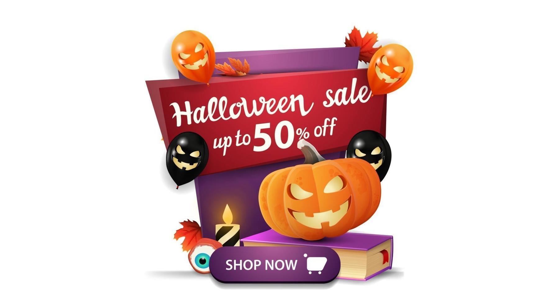 halloween-uitverkoop, tot 50 korting, verticale kortingsbanner in cartoonstijl met halloween-ballonnen, spreukenboek en pompoenjack vector