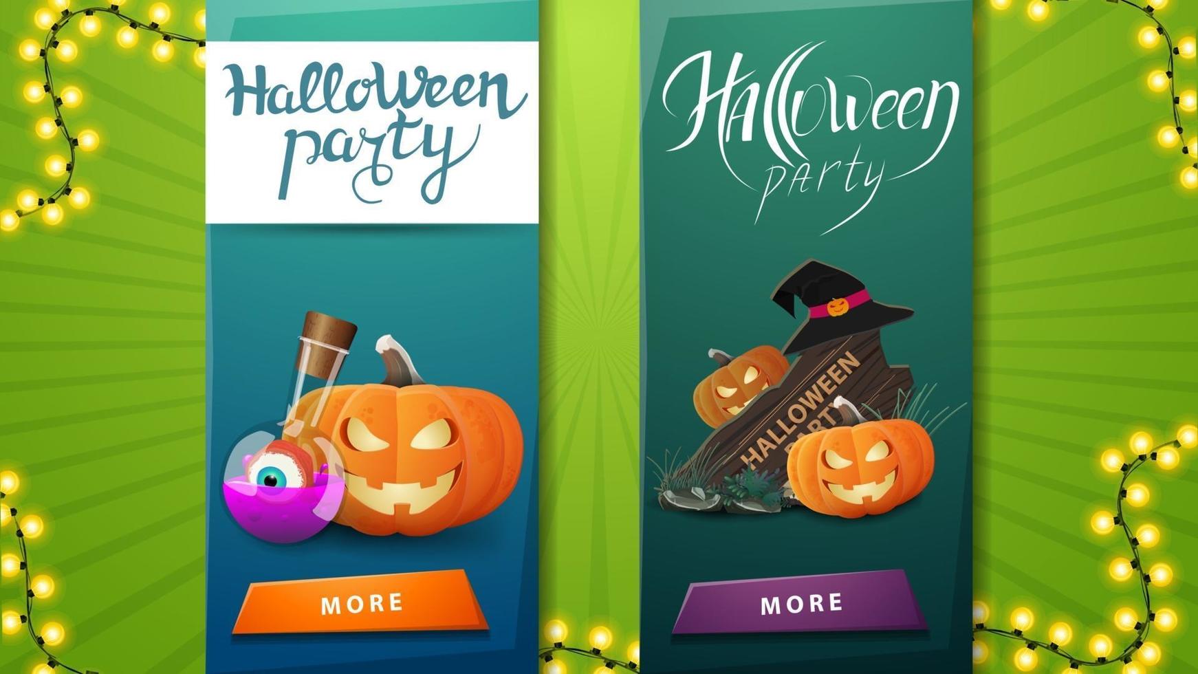 twee sjablonen voor halloween-feestuitnodigingen voor je creativiteit in de vorm van verticale linten met houten bord, heksenhoed en pompoenjack vector