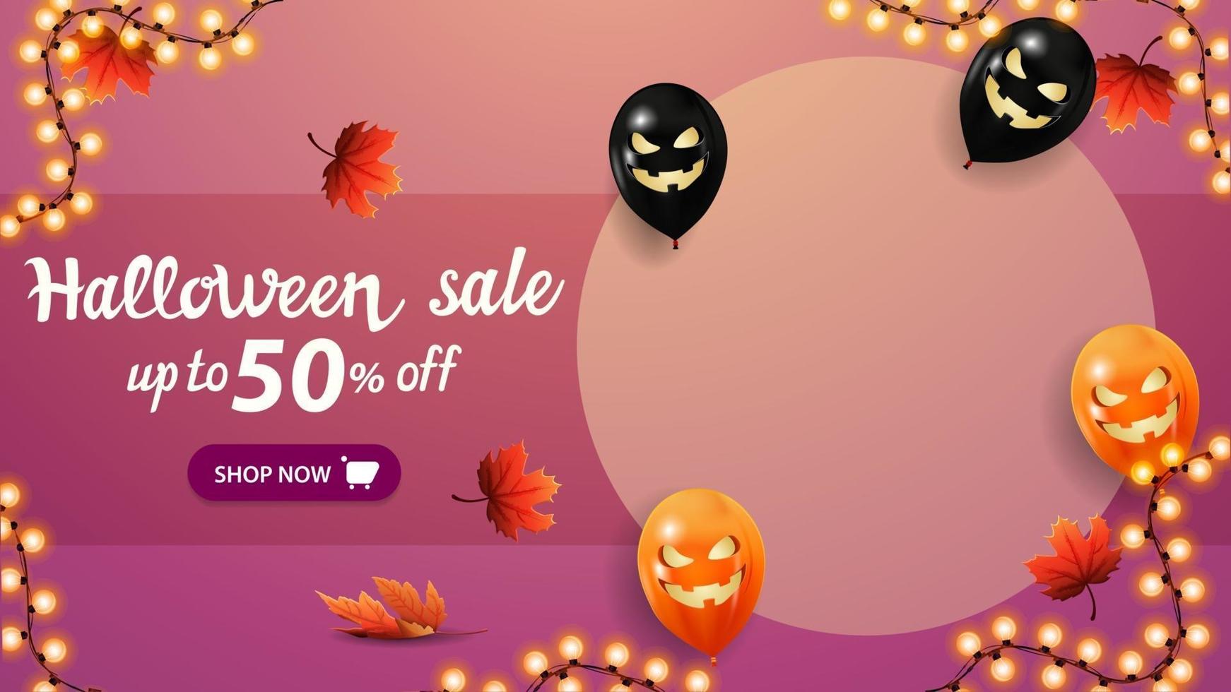 halloween-uitverkoop, tot 50 korting, korting roze banner met kopieerruimte, halloween-ballonnen, herfstbladeren en slinger. vector