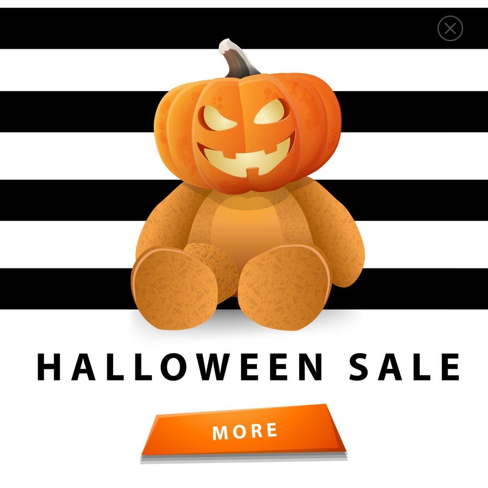 halloween-uitverkoop, vierkante witte kortingsbanner met knop en teddybeer met jack-pompoenkop vector