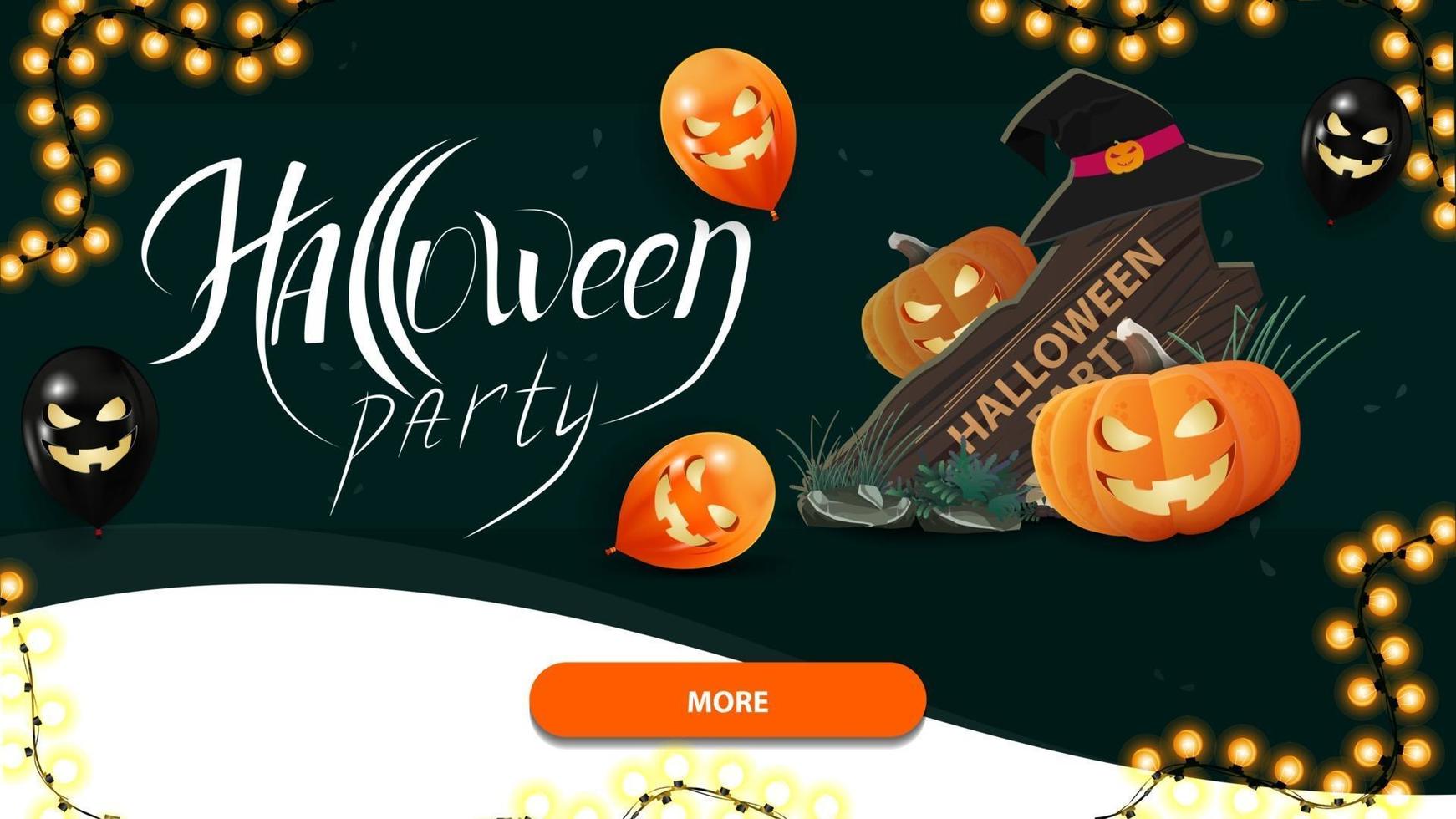 halloween party, uitnodiging groene horizontale poster met halloween ballonnen, knop, houten bord, heks hoed en pompoen jack vector