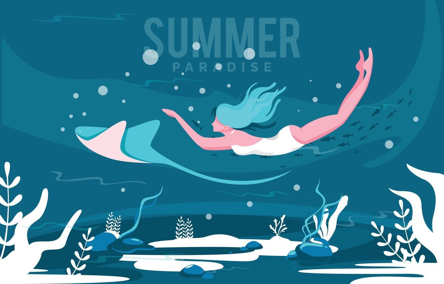 mooie vrouw zwemmen met pijlstaartrog in de zomer vector