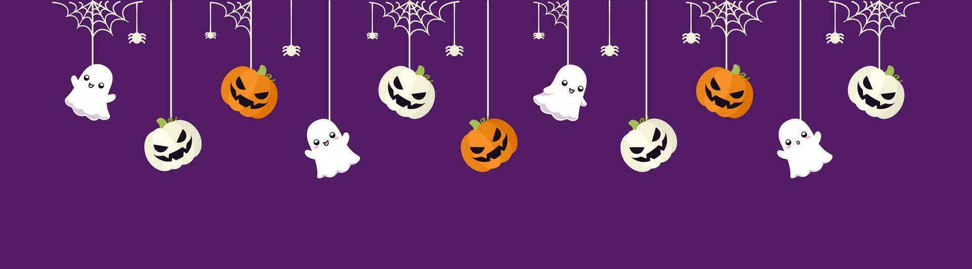 gelukkig halloween grens banier met geest en jack O lantaarn pompoenen hangende van spin webben. bungelend spookachtig ornamenten decoratie vector illustratie, truc of traktatie partij uitnodiging