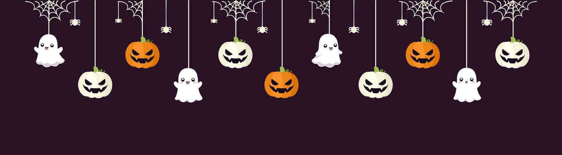 gelukkig halloween grens banier met geest en jack O lantaarn pompoenen hangende van spin webben. bungelend spookachtig ornamenten decoratie vector illustratie, truc of traktatie partij uitnodiging