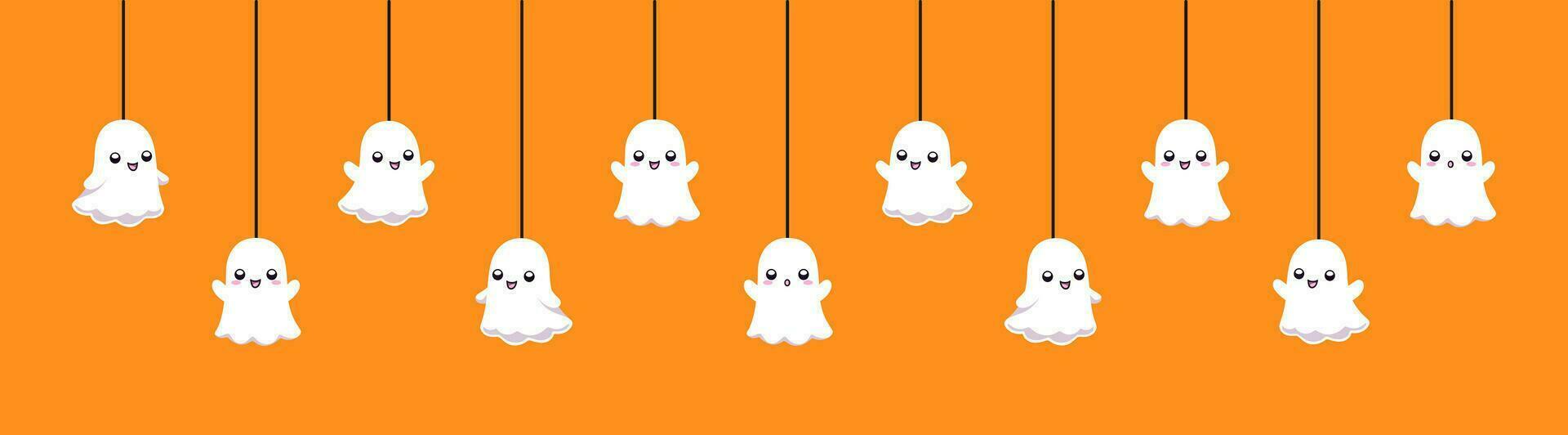 gelukkig halloween banier grens met geest hangende van spin webben. spookachtig ornamenten decoratie vector illustratie, truc of traktatie partij uitnodiging