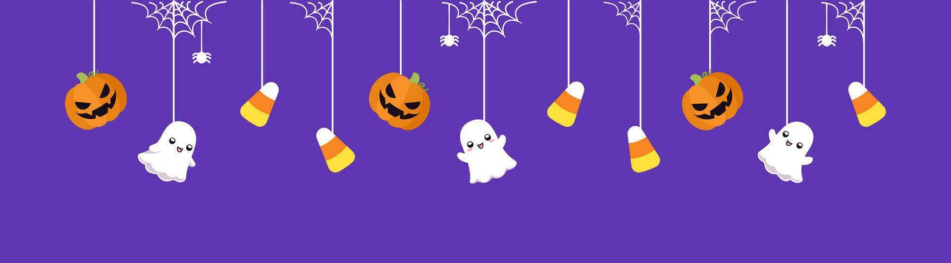 gelukkig halloween grens banier met geest, snoep maïs en jack O lantaarn pompoenen hangende van spin webben. spookachtig ornamenten decoratie vector illustratie, truc of traktatie partij uitnodiging