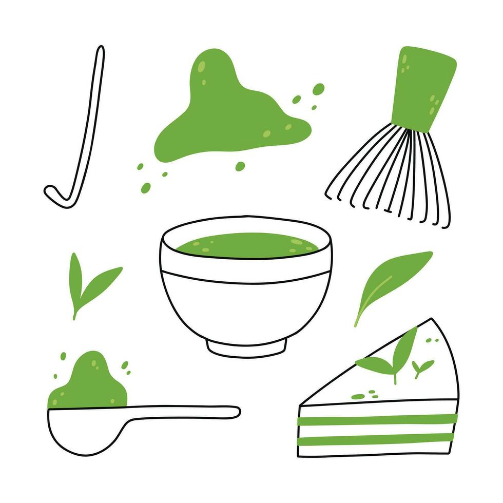 matcha-thee. mok met matcha en groene theeblaadjes. vectorillustratie. natuurlijke groene thee. vector