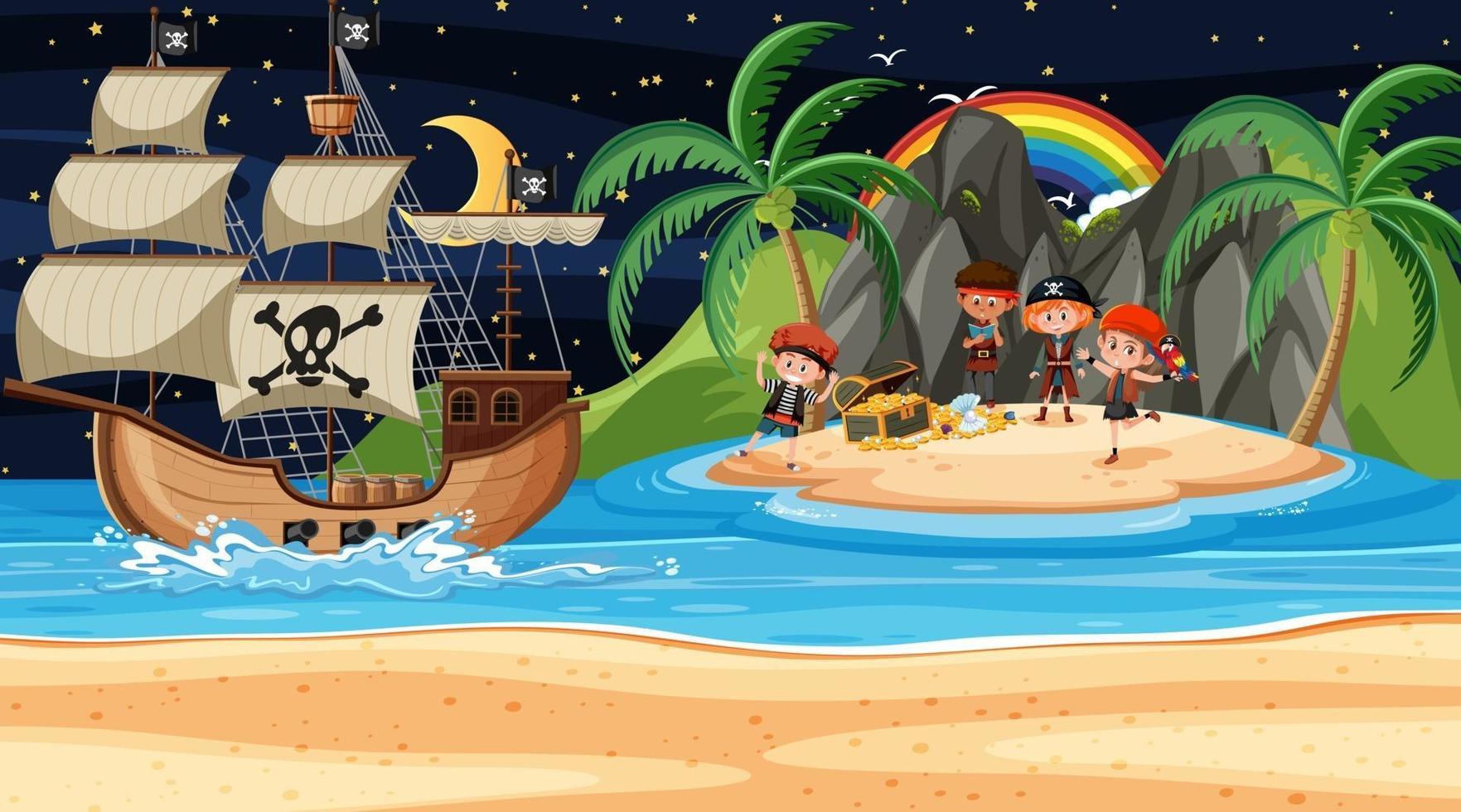 Treasure Island-scène 's nachts met piratenkinderen vector