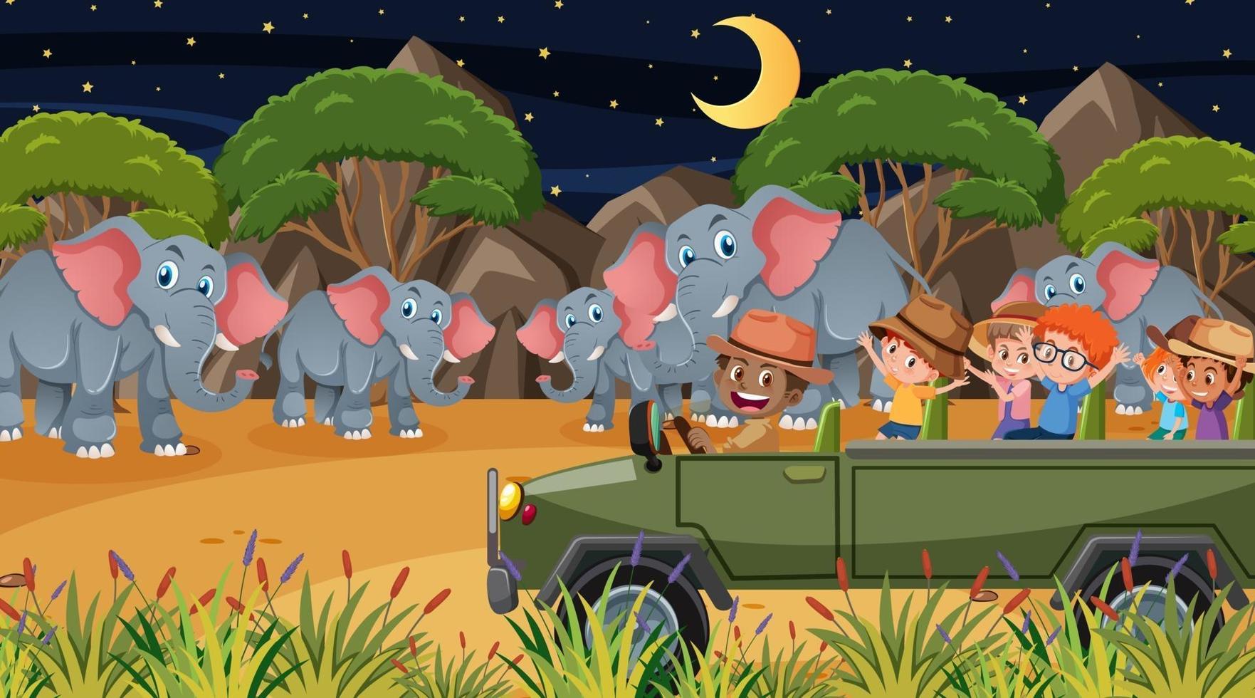 safari bij nachtscène met veel kinderen die naar olifanten kijken vector
