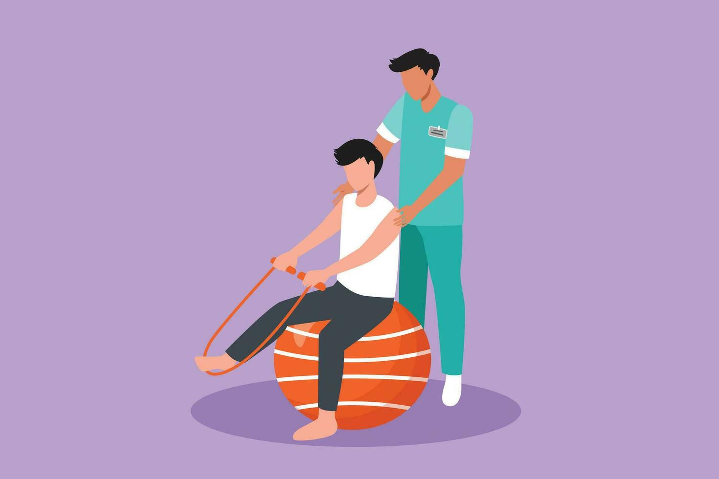 karakter vlak tekening fysiotherapie revalidatie isometrische samenstelling met medisch specialist helpen Mens geduldig naar massage been met touw. gezondheidszorg ziekenhuis. tekenfilm ontwerp vector illustratie