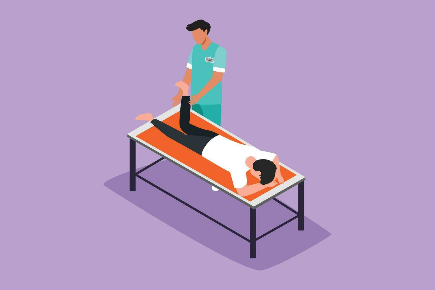 karakter vlak tekening fysiotherapie revalidatie bijstand. letsel Mens geduldig aan het liegen Aan massage tafel therapeut aan het doen genezing behandeling masseren gewond voet. tekenfilm ontwerp vector illustratie