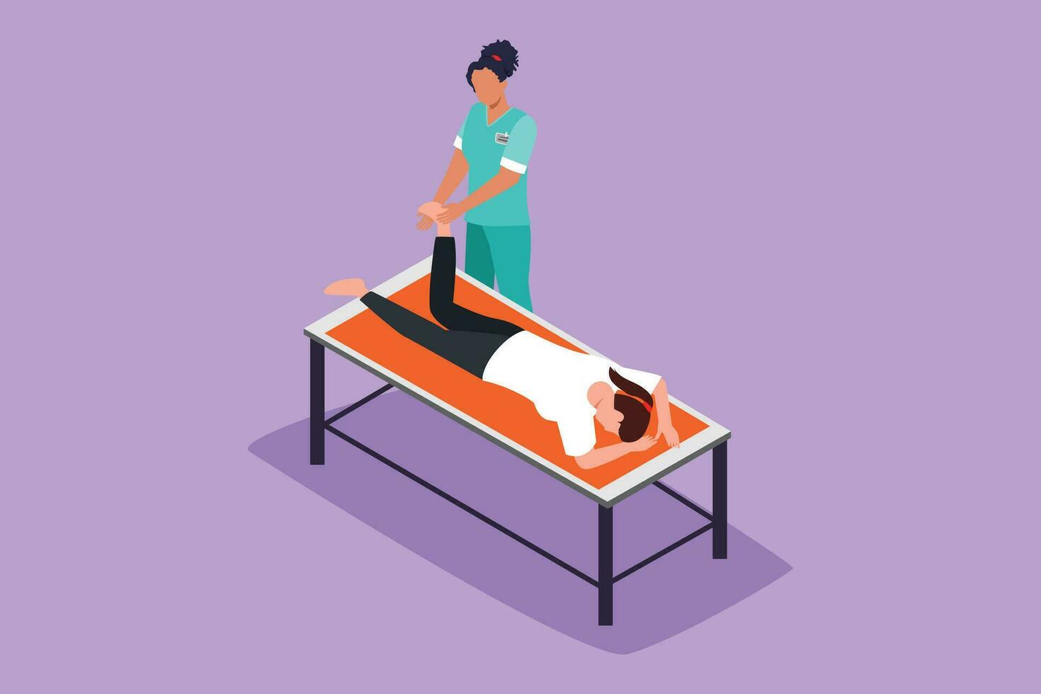 grafisch vlak ontwerp tekening van fysiotherapie revalidatie bijstand. vrouw geduldig aan het liegen Aan massage tafel therapeut aan het doen genezing behandeling masseren gewond voet. tekenfilm stijl vector illustratie