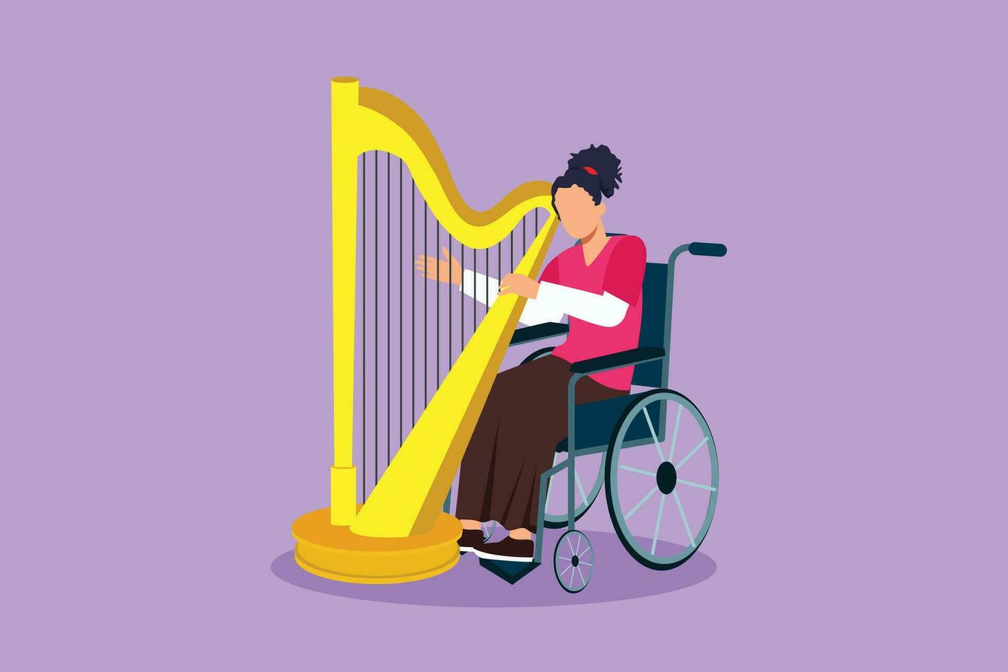 tekenfilm vlak stijl tekening elegant vrouw zittend in rolstoel spelen harp in concert. onbekwaamheid en klassiek muziek. fysiek gehandicapt. revalidatie centrum. grafisch ontwerp vector illustratie