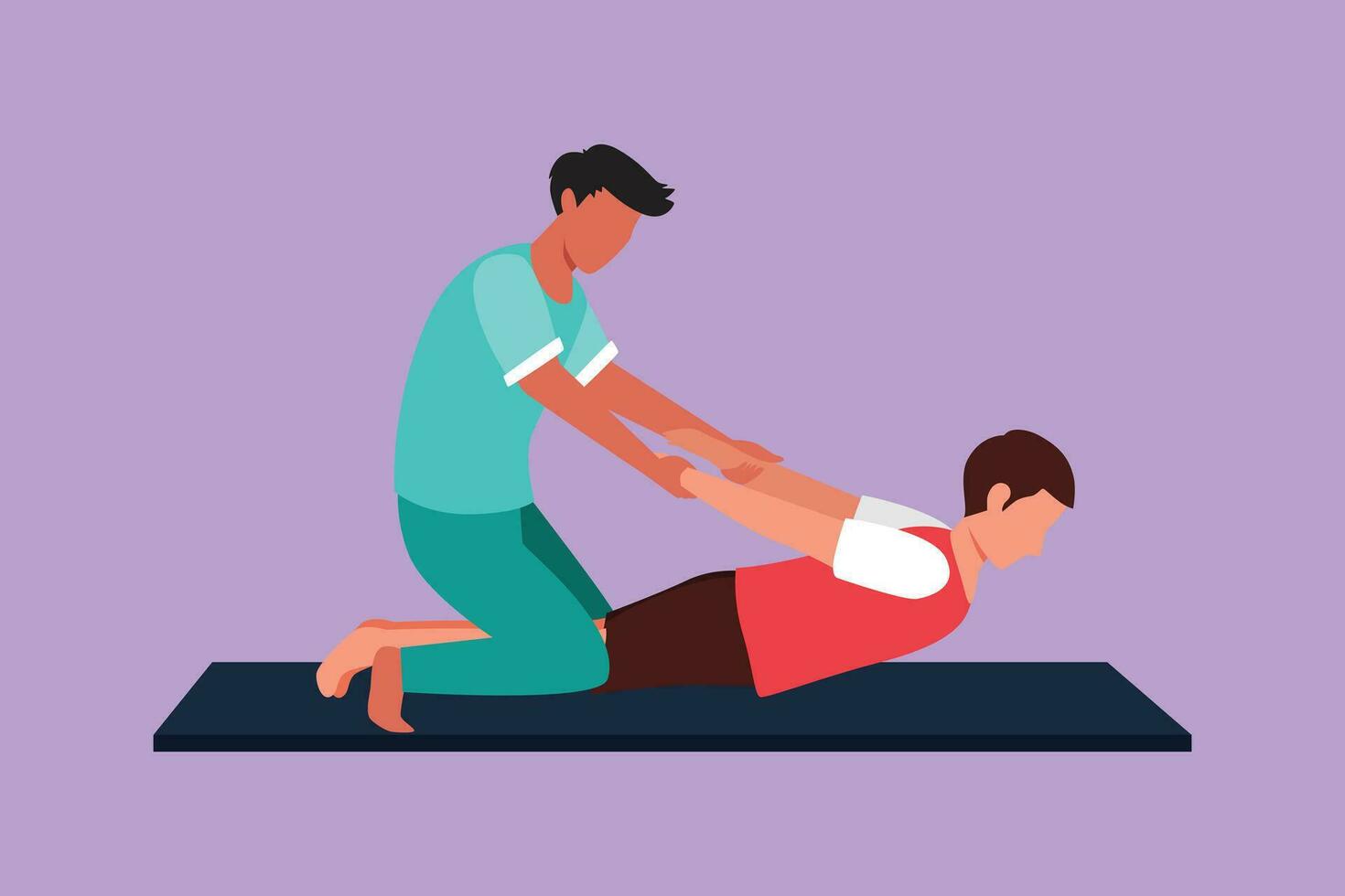 grafisch vlak ontwerp tekening professioneel therapeut beoefenen massage therapie. Mens geduldig genieten welzijn spa lichaam behandeling. revalidatie, fysiotherapie behandeling. tekenfilm stijl vector illustratie