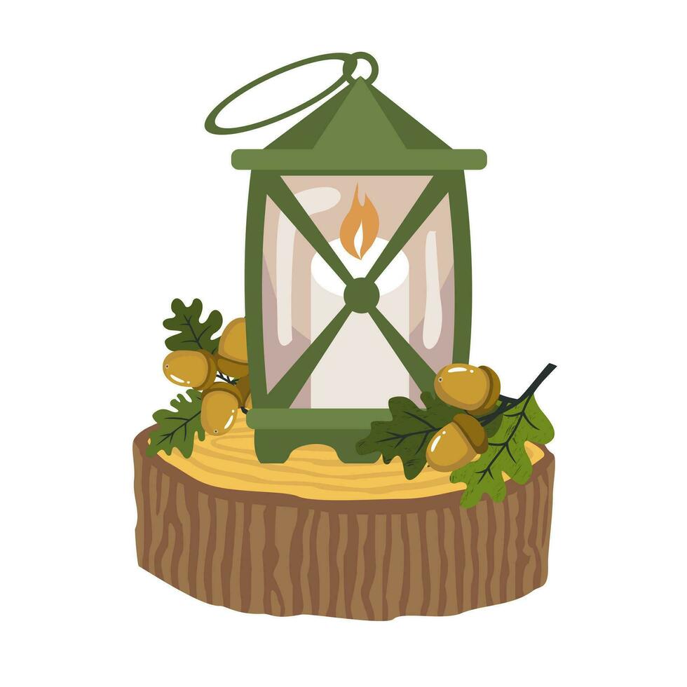 wijnoogst lantaarn Aan een houten staan met eik bladeren en eikels. geïllustreerd vector clip art.