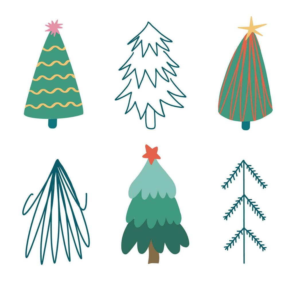 reeks van Kerstmis bomen. Kerstmis feestelijk sparren met sterren. hand- getrokken vector geïsoleerd clip art