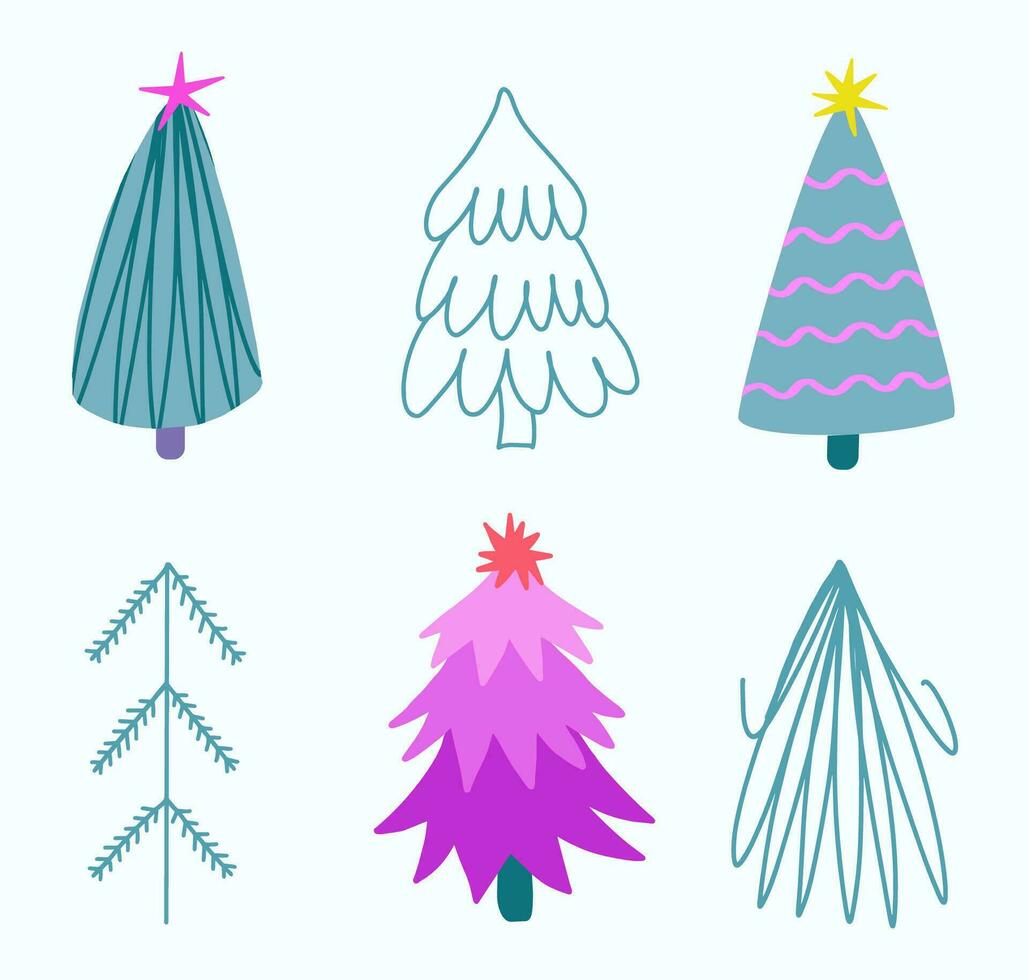 reeks van levendig Kerstmis bomen. Kerstmis feestelijk modieus sparren met sterren. hand- getrokken vector geïsoleerd clip art