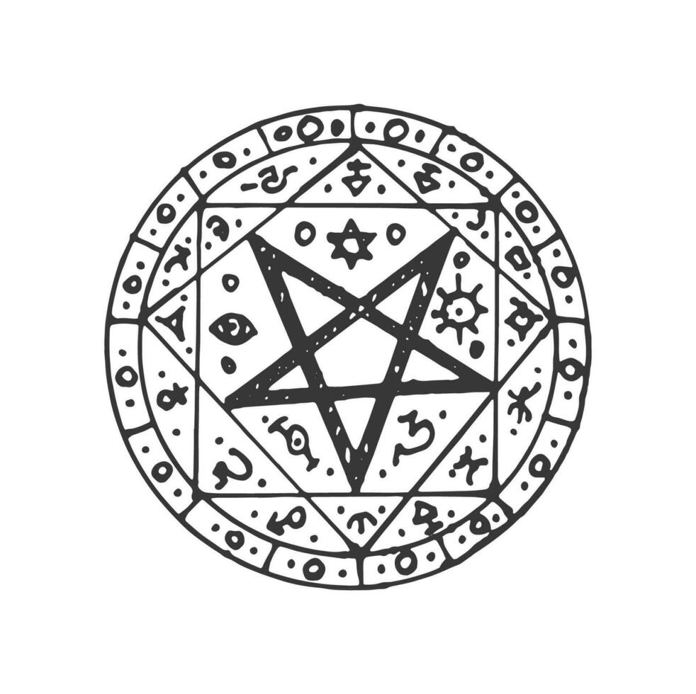 cirkel magie pentagram, ronde etnisch amulet schetsen vector