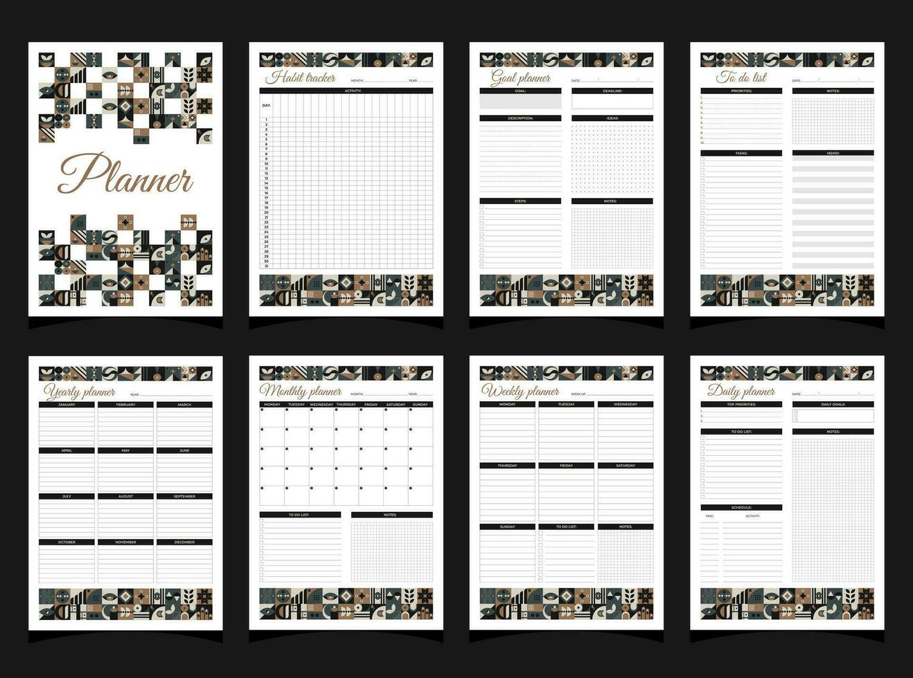 planners reeks geometrie. dagelijks, wekelijks, maandelijks, jaarlijks, habbit volger, naar Doen lijst, doel planners en omslag. planners afdrukbare sjabloon met meetkundig vormen. blanco wit notitieboekje bladzijde a4. vector