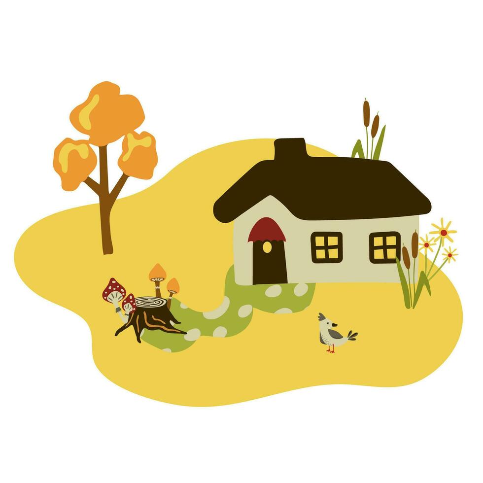 herfst landelijk landschap met een huis, een boom, een lisdodde, een stomp en een vogel. vector