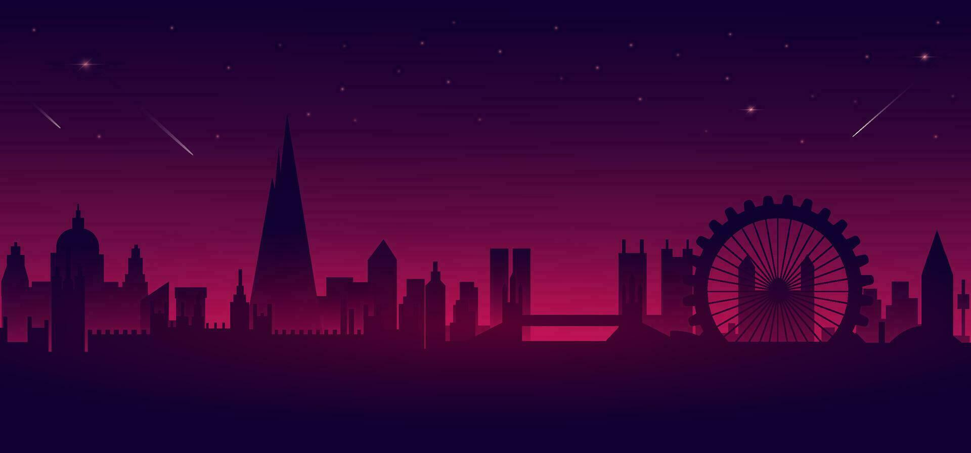 nacht stad silhouet. retro futurisme. 80s retro poster achtergrond met nacht stad horizon. enthousiast partij folder ontwerp sjabloon in Jaren 80 stijl. vector