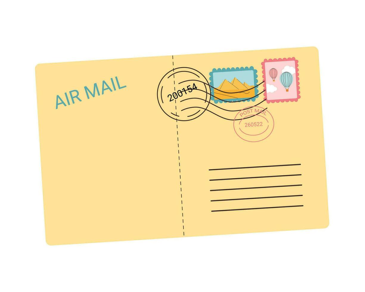 Gesloten luchtpost envelop met post postzegels en zegels van reis. papier mail correspondentie vector