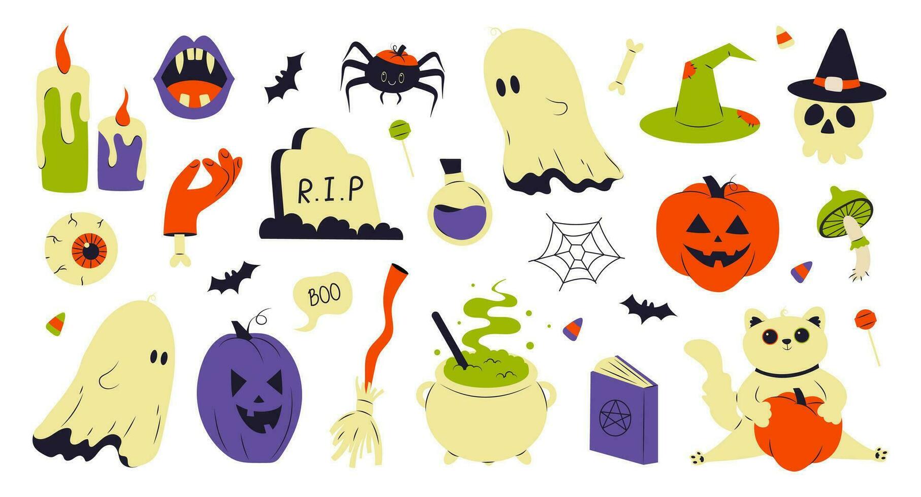 tekenfilm schattig reeks van halloween elementen, geest, pompoen, kat, heksen ketel, schedel, vergiftigen fles, spin, spinneweb, gekerfd oog, vampier hoektanden. halloween vector voorraad illustratie.