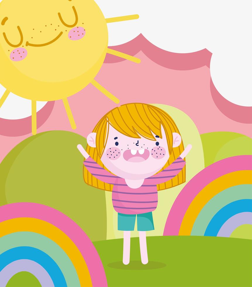 kinderdag, tekenfilmjongen in de magische scène met regenbogen en zon vector