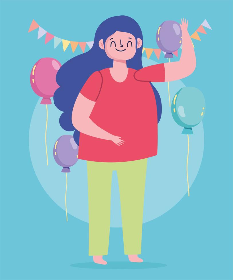 happy cartoon meisje viering feest ballonnen wimpels vector
