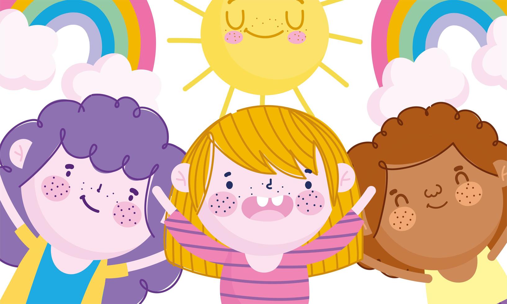kinderdag, gelukkige kleine jongens regenbogen en zon cartoon vector