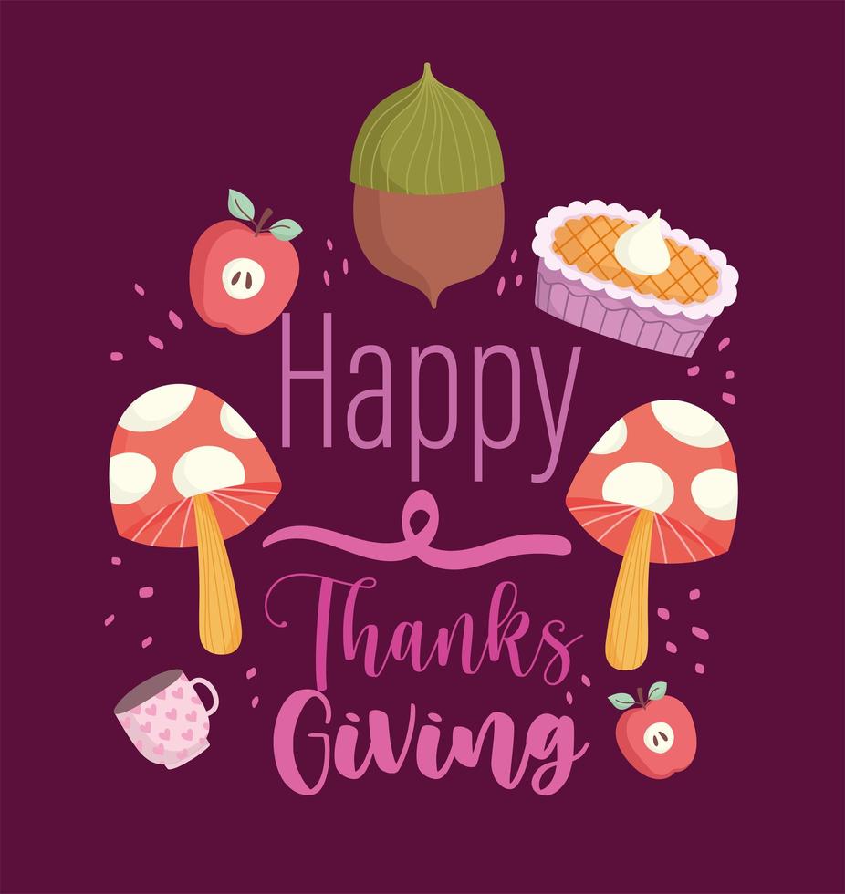 happy thanksgiving inscriptie paddestoel eikel appel en cake vector