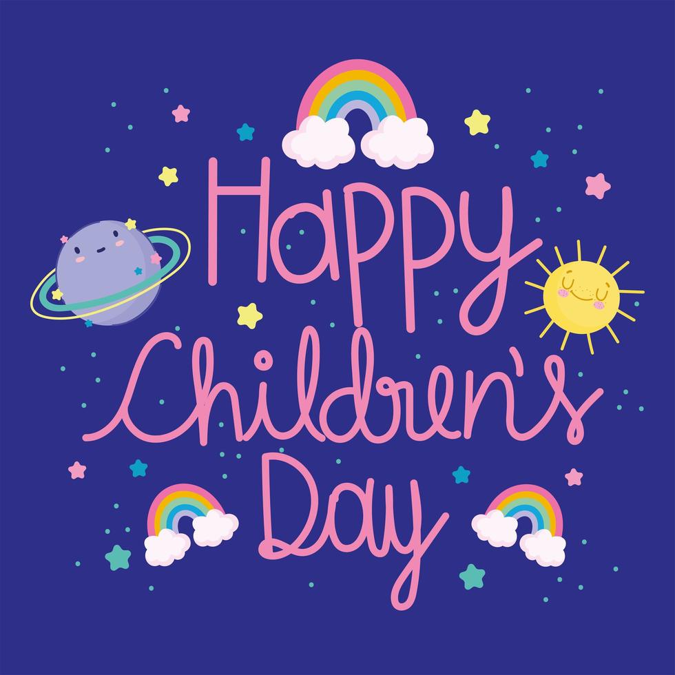 kinderdag, cartoon handgetekende belettering regenbogen planeet zon sterren viering kaart vector