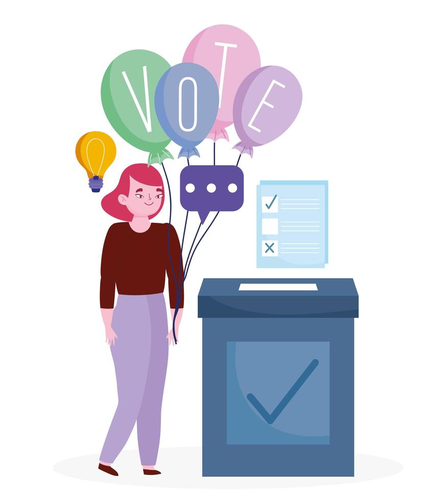 stem- en verkiezingsconcept, vrouw met woordstem op ballonnen en stembiljet met doos vector
