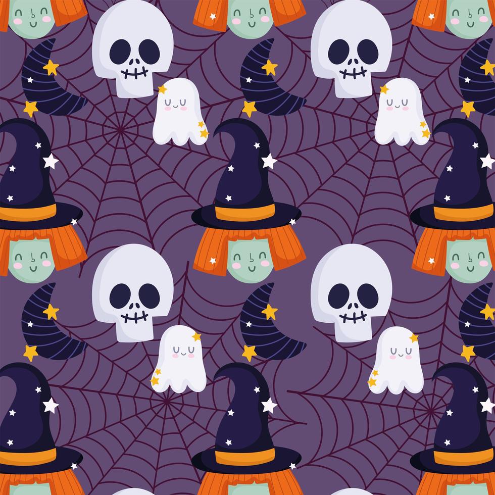 happy halloween, heks schedel spook hoed trick or treat feest viering achtergrond vector