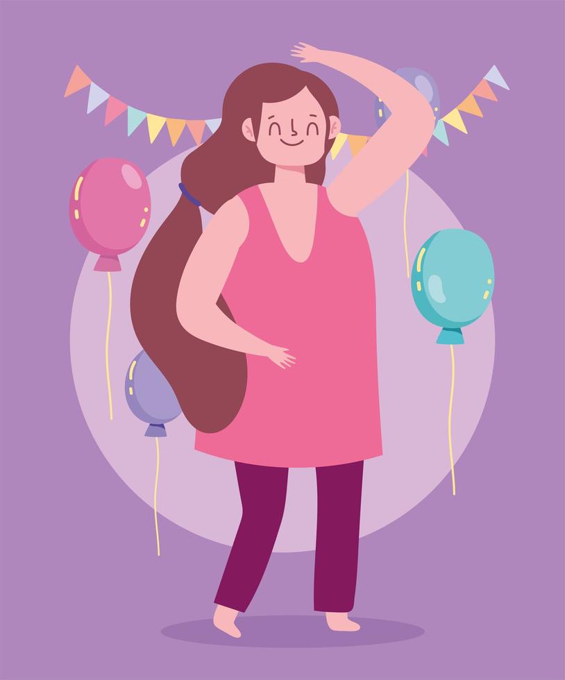 lachende cartoon vrouw feest vieren ballonnen decoratie vector