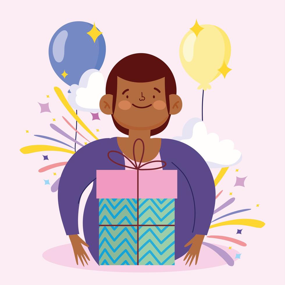 jongen met cadeau ballonnen decoratie portret vector