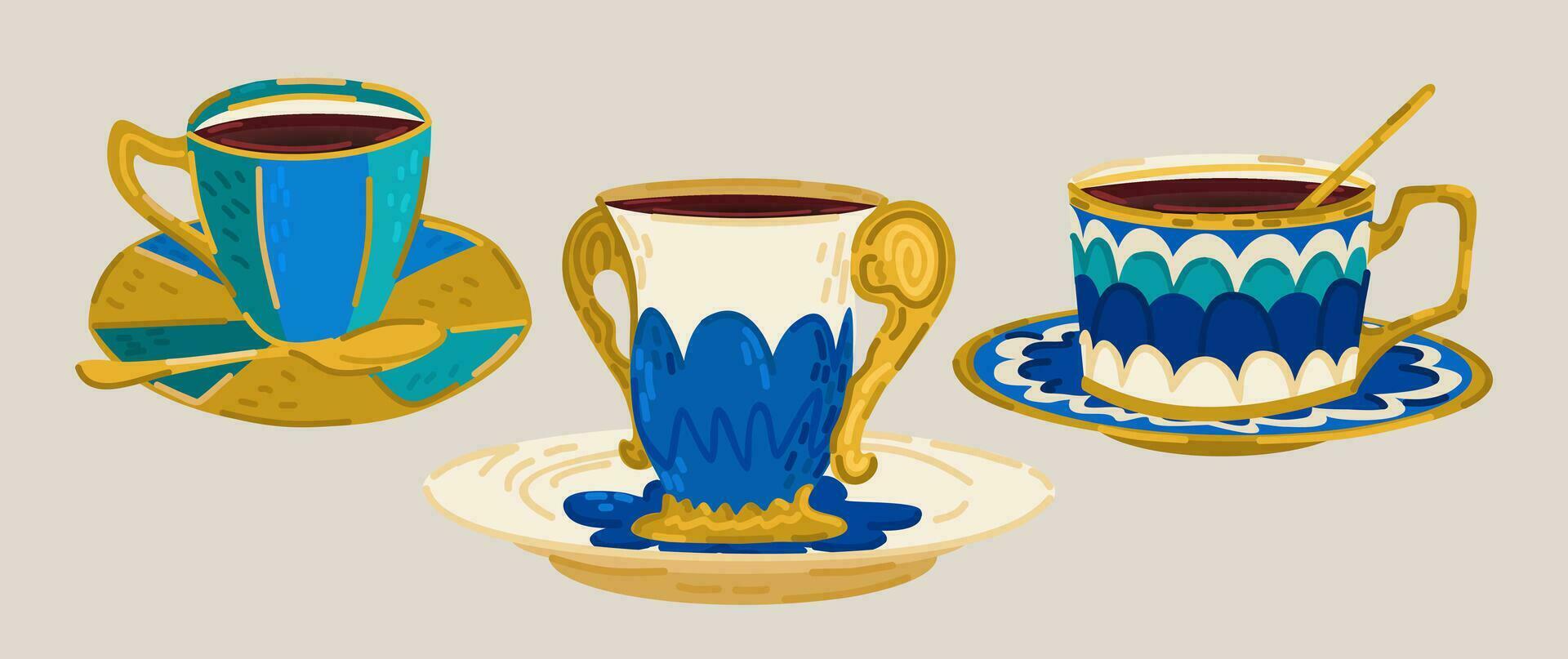 vector verzameling van drie verschillend cups met koffie. wit cups met blauw en gouden decor. geïsoleerd Aan licht beige achtergrond