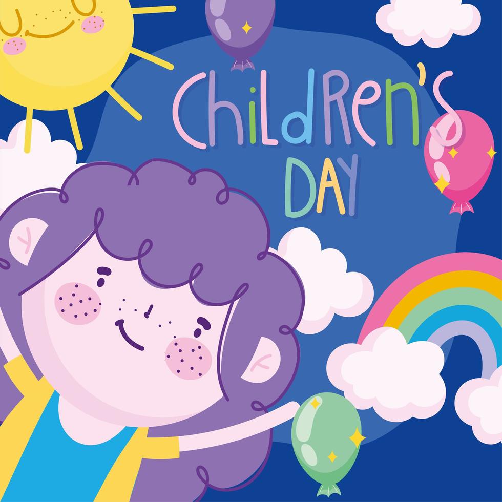 kinderdag, wenskaart meisje regenboog ballonnen zon wolken cartoon vector