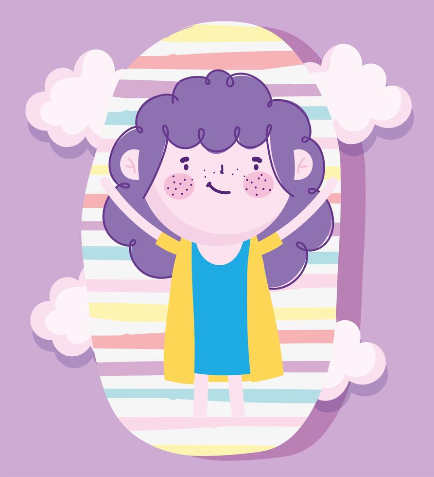 kinderdag, cartoon schattig meisje met paars haar en strepen achtergrond vector