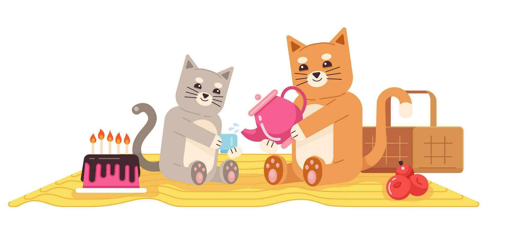 katten Aan picknick vlak concept vector plek illustratie. drinken thee. vieren verjaardag. huisdieren Aan deken 2d tekenfilm tekens Aan wit voor web ui ontwerp. geïsoleerd bewerkbare creatief held beeld
