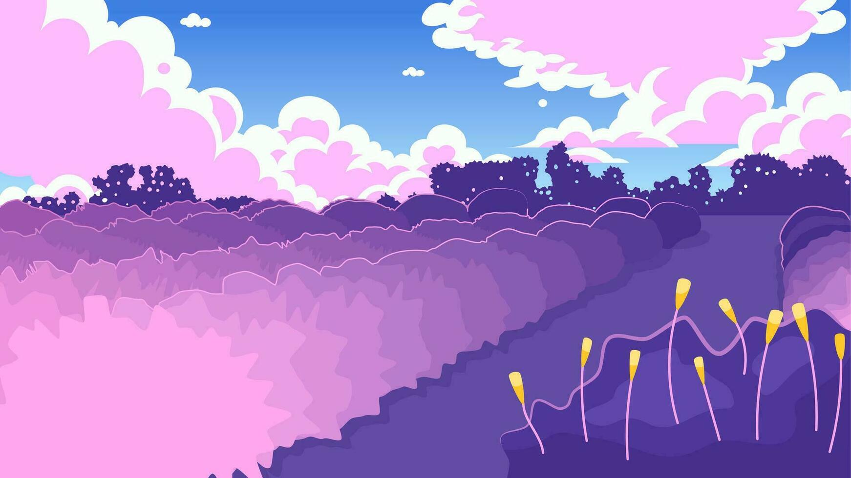 zonsondergang in de veld- schattig kawaii zie fi achtergrond. pluizig wolken. park 2d vector tekenfilm landschap illustratie, lofi esthetisch behang bureaublad. Japans anime landschap, dromerig gevoel