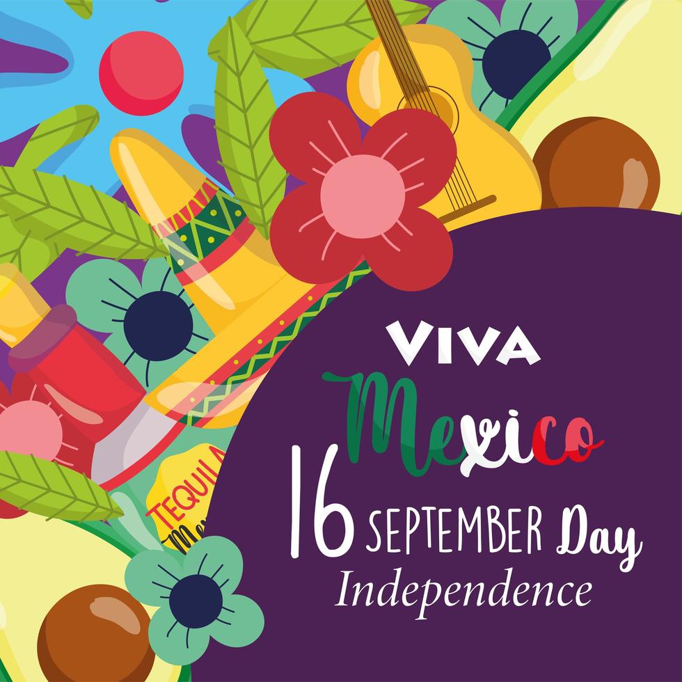 mexicaanse onafhankelijkheidsdag, bloemen hoed gitaar avocado decoratie poster, viva mexico wordt gevierd op september vector