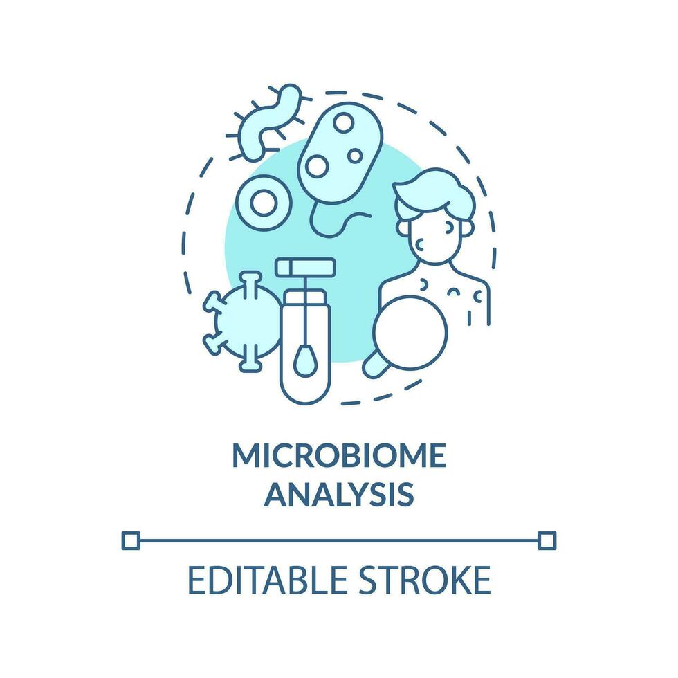 microbioom analyse turkoois concept icoon. microbe kolonies rol in lichaam. precisie geneesmiddel. technologisch vooruitgaan abstract idee dun lijn illustratie. geïsoleerd schets tekening. bewerkbare beroerte vector