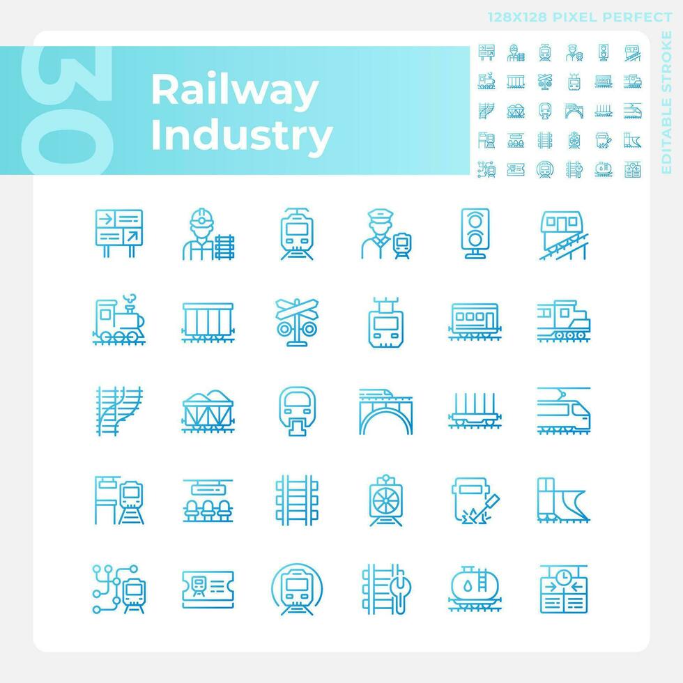 spoorweg industrie pixel perfect helling lineair vector pictogrammen set. spoorweg bedrijf. het spoor vervoer. trein station. dun lijn contour symbool ontwerpen bundel. geïsoleerd schets illustraties verzameling