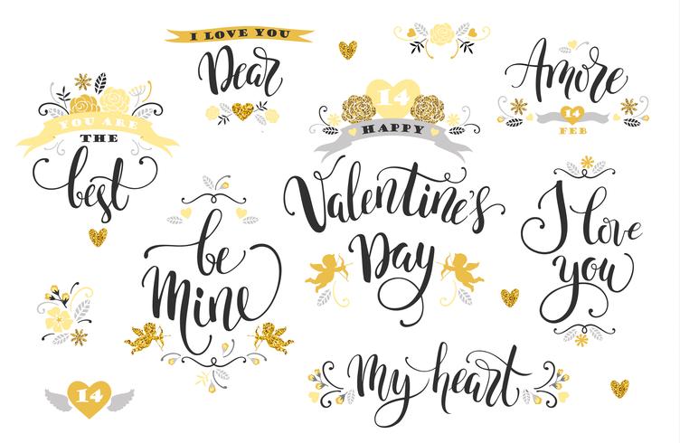 Fijne Valentijnsdag. Set hand getrokken inscripties. vector