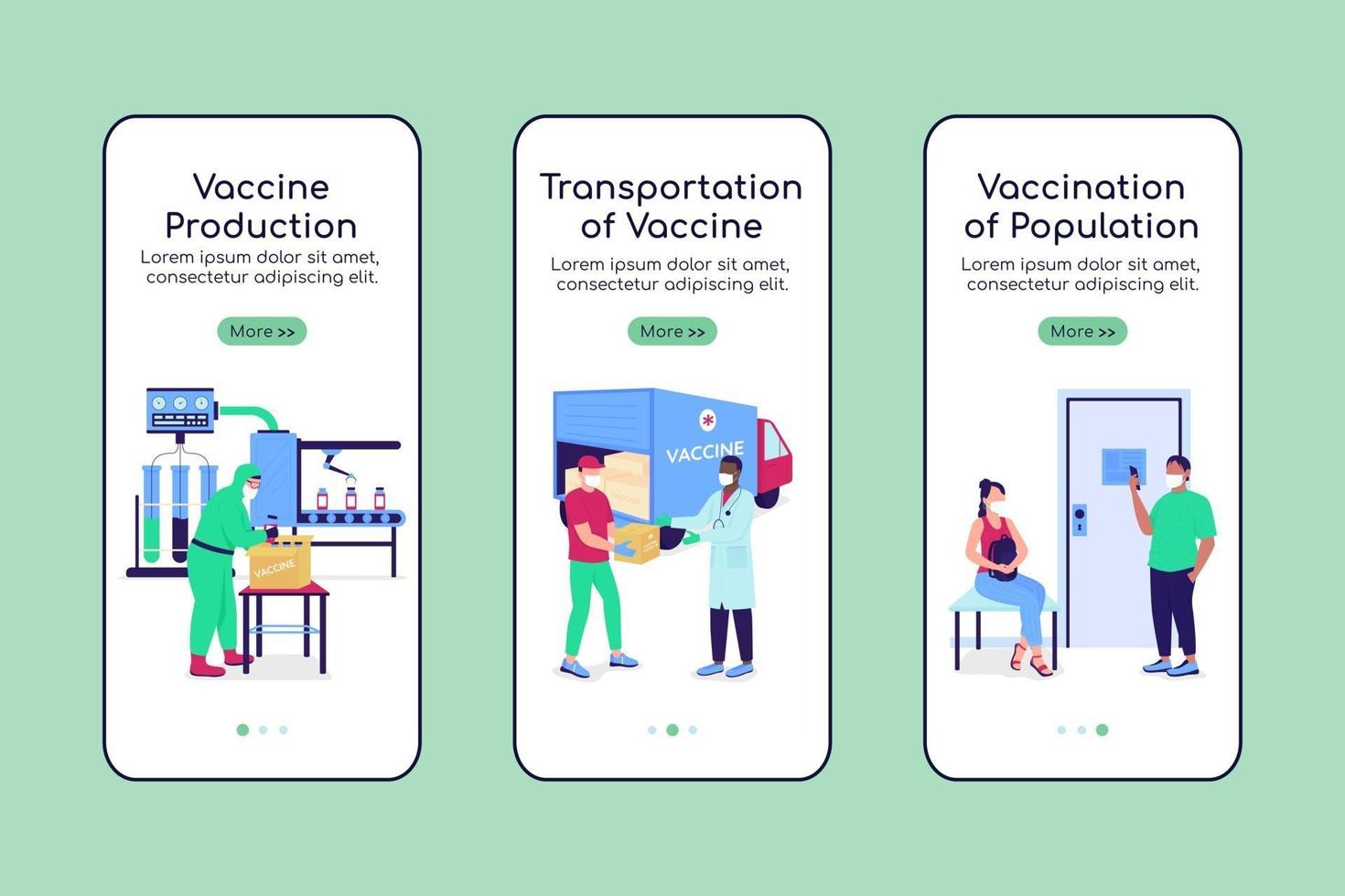 vaccin productie onboarding mobiele app scherm platte vector sjabloon