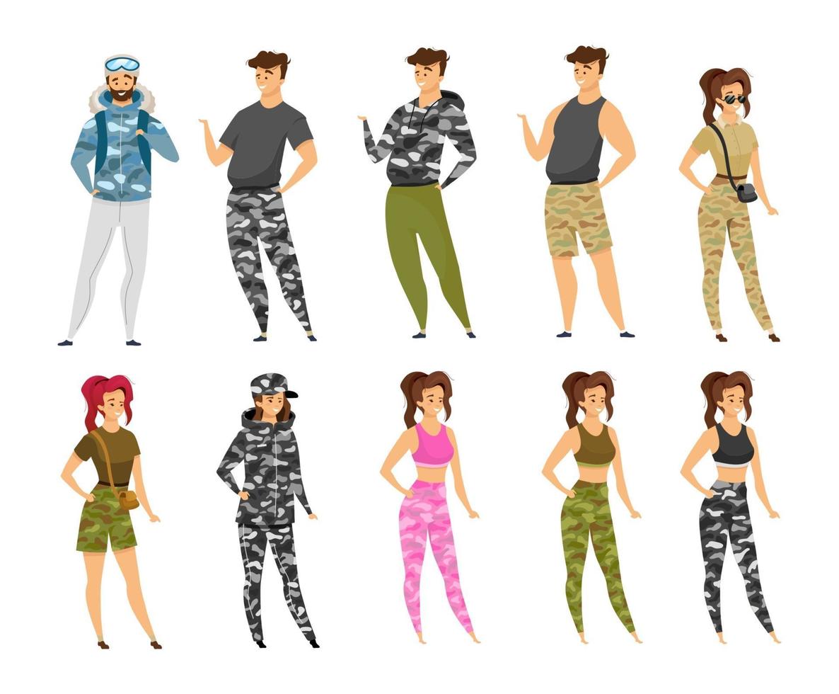 expeditieleden platte vector illustraties set. vrouw en man in camouflage-uniform. backpackers in kaki kleding. ontdekkingsreizigers in militaire stijl. toeristen geïsoleerde stripfiguren