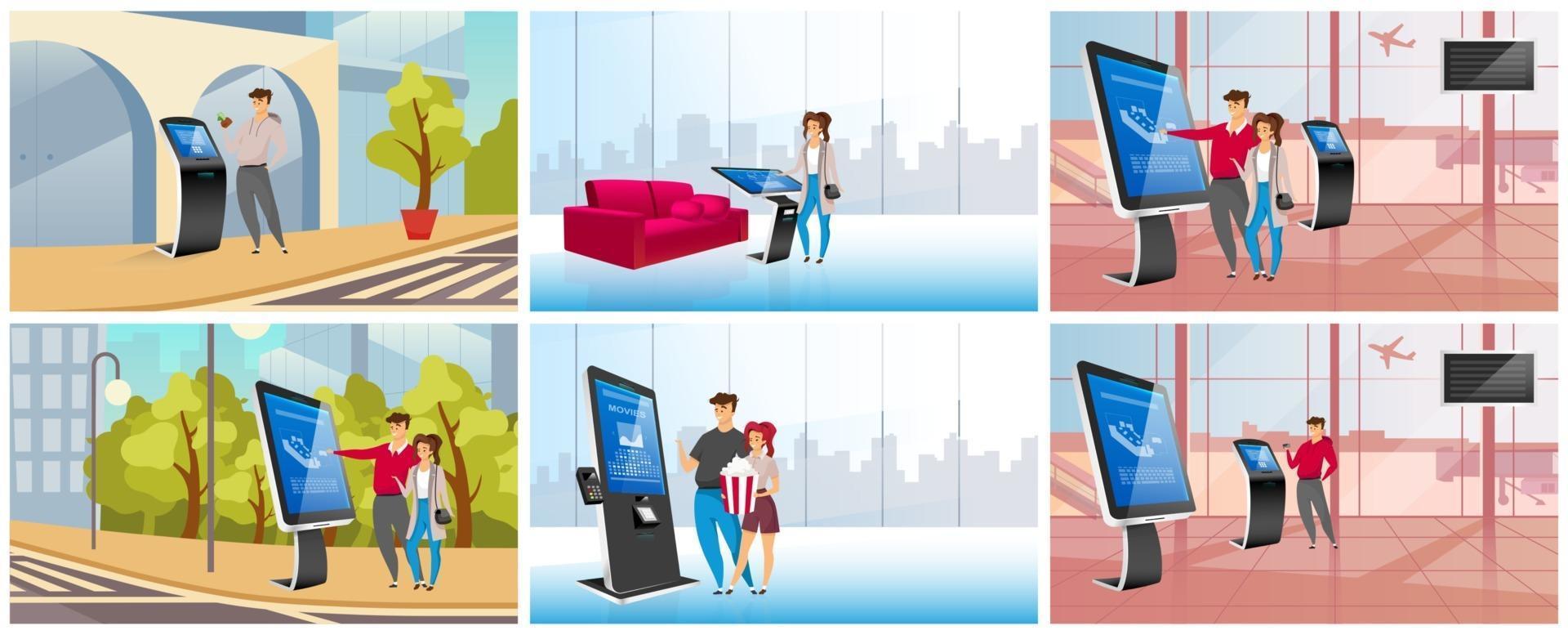 moderne zelfbedieningskiosken egale kleur vector illustraties set. mensen die interactieve informatieborden stripfiguren gebruiken. commerciële digitale panelen, innovatieve terminals met touchscreen