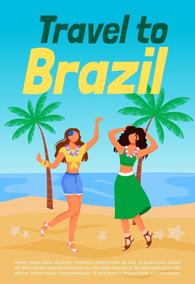 reizen naar brazilië poster platte vector sjabloon. staande latino vrouwen in zomerkleding. zeestrand. brochure, boekje één pagina conceptontwerp met stripfiguren. traditionele feestvlieger, folder