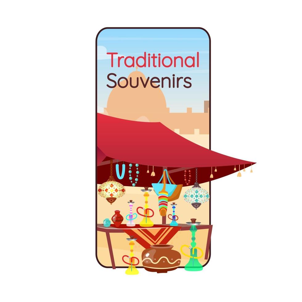 Egyptische traditionele souvenirs cartoon smartphone vector app scherm. Arabische bazaar. display voor mobiele telefoons met mockup voor platte karakters. souk, waterpijp lokale winkel applicatie telefoon interface